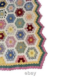 Vintage Hand Sewn Grandma's Flower Garden Quilt Cutter Feed Sack 64x88 Original