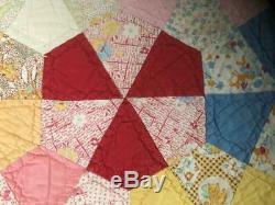 Vintage Hand Sewn Handmade Feed sack Wheel Quilt Hexagon Vibrant Queen