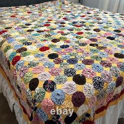 Vintage Hand Sewn Penny YoYo Quilt Queen Bed Topper 88x88