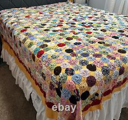 Vintage Hand Sewn Penny YoYo Quilt Queen Bed Topper 88x88