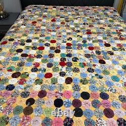 Vintage Hand Sewn Penny YoYo Quilt Queen Bed Topper 88x88