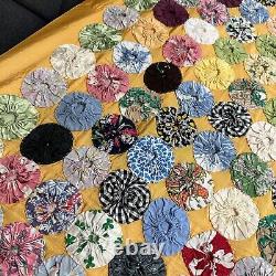 Vintage Hand Sewn Penny YoYo Quilt Queen Bed Topper 88x88