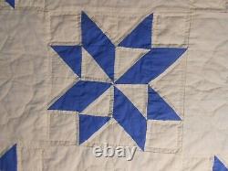 Vintage Hand Sewn Quilt Evening Star Blue and White 78 x 99
