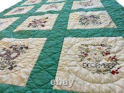 Vintage Hand Sewn Quilt with 12 Months of Embroidered Flowers 60x76 Throw