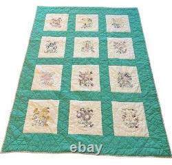 Vintage Hand Sewn Quilt with 12 Months of Embroidered Flowers 60x76 Throw