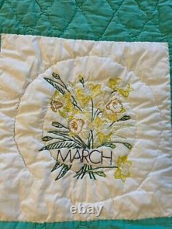 Vintage Hand Sewn Quilt with 12 Months of Embroidered Flowers 60x76 Throw