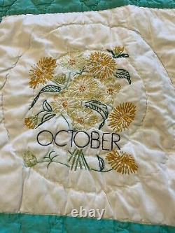 Vintage Hand Sewn Quilt with 12 Months of Embroidered Flowers 60x76 Throw