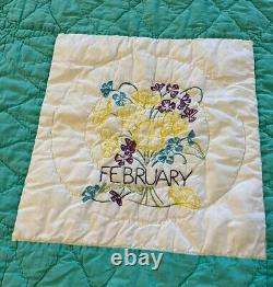 Vintage Hand Sewn Quilt with 12 Months of Embroidered Flowers 60x76 Throw