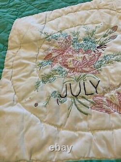 Vintage Hand Sewn Quilt with 12 Months of Embroidered Flowers 60x76 Throw