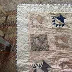 Vintage Hand Stitched Basket Pattern Quilt 77 X 91 Old Fabrics Good Condition