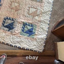 Vintage Hand Stitched Basket Pattern Quilt 77 X 91 Old Fabrics Good Condition