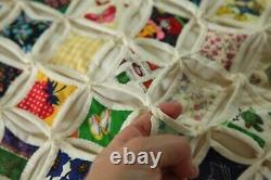 Vintage Hand Stitched Cathedral Window Quilt Fussy Cut 92 x 85 Colorful Novelty