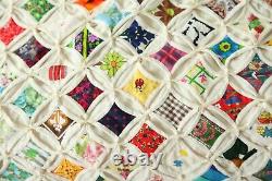 Vintage Hand Stitched Cathedral Window Quilt Fussy Cut 92 x 85 Colorful Novelty