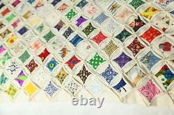 Vintage Hand Stitched Cathedral Window Quilt Fussy Cut 92 x 85 Colorful Novelty