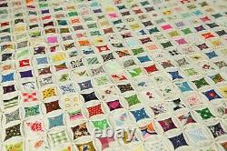 Vintage Hand Stitched Cathedral Window Quilt Fussy Cut 92 x 85 Colorful Novelty