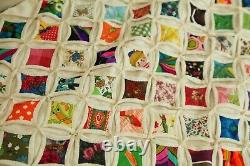 Vintage Hand Stitched Cathedral Window Quilt Fussy Cut 92 x 85 Colorful Novelty