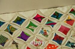 Vintage Hand Stitched Cathedral Window Quilt Fussy Cut 92 x 85 Colorful Novelty