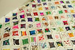 Vintage Hand Stitched Cathedral Window Quilt Fussy Cut 92 x 85 Colorful Novelty