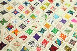 Vintage Hand Stitched Cathedral Window Quilt Fussy Cut 92 x 85 Colorful Novelty