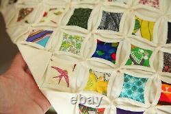 Vintage Hand Stitched Cathedral Window Quilt Fussy Cut 92 x 85 Colorful Novelty