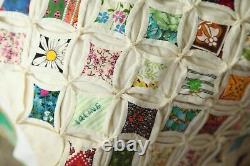 Vintage Hand Stitched Cathedral Window Quilt Fussy Cut 92 x 85 Colorful Novelty