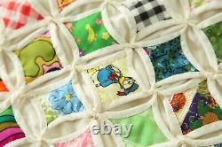 Vintage Hand Stitched Cathedral Window Quilt Fussy Cut 92 x 85 Colorful Novelty