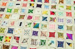 Vintage Hand Stitched Cathedral Window Quilt Fussy Cut 92 x 85 Colorful Novelty