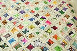 Vintage Hand Stitched Cathedral Window Quilt Fussy Cut 92 x 85 Colorful Novelty