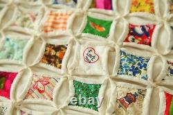 Vintage Hand Stitched Cathedral Window Quilt Fussy Cut 92 x 85 Colorful Novelty