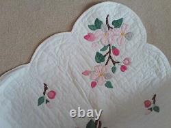 Vintage Hand Stitched Cherry or Dogwood Blossoms Applique Quilt 76 x 88