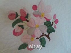 Vintage Hand Stitched Cherry or Dogwood Blossoms Applique Quilt 76 x 88
