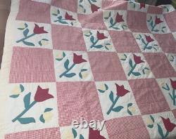 Vintage Hand Stitched, Classic Pattern Flower/ Square, Queen 70 X 80 Red Quilt