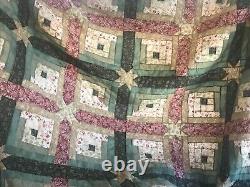 Vintage Hand Stitched Cross/Star Quilt Sage Green Pink Cream Country 84x84 in