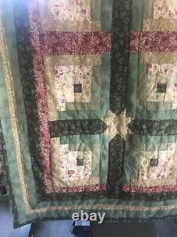 Vintage Hand Stitched Cross/Star Quilt Sage Green Pink Cream Country 84x84 in