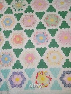 Vintage Hand Stitched Grandma's Flower Garden Quilt 1950's Fabric 89x85