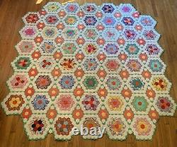 Vintage Hand Stitched Grandmother Flower Garden Vintage Quilt 82 x 88 Honeycomb