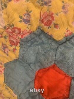 Vintage Hand Stitched Grandmother Flower Garden Vintage Quilt 82 x 88 Honeycomb