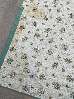 Vintage Hand Stitched Green Quilt 84 x 68 vtg handmade
