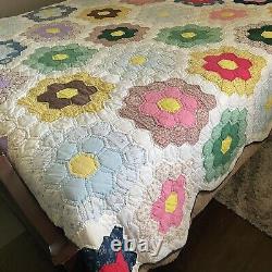 Vintage Hand Stitched Handmade Honeycomb Hexagon Patchwork Quilt 97 x 91