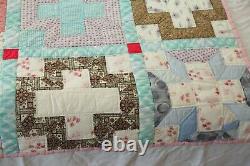 Vintage Hand Stitched Patchwork Quilt Cross Pattern Feedsacks Old 64 x 81