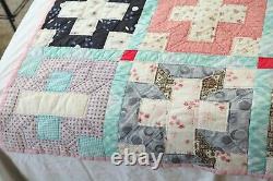 Vintage Hand Stitched Patchwork Quilt Cross Pattern Feedsacks Old 64 x 81