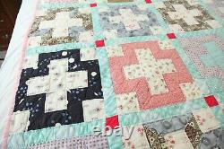 Vintage Hand Stitched Patchwork Quilt Cross Pattern Feedsacks Old 64 x 81