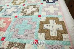 Vintage Hand Stitched Patchwork Quilt Cross Pattern Feedsacks Old 64 x 81