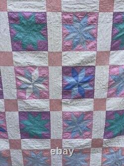 Vintage Hand Stitched Pinwheel 8 Point Star Quilt Handmade 84 x 72 Pastel 50s