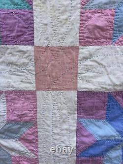 Vintage Hand Stitched Pinwheel 8 Point Star Quilt Handmade 84 x 72 Pastel 50s