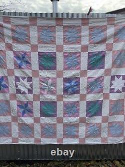 Vintage Hand Stitched Pinwheel 8 Point Star Quilt Handmade 84 x 72 Pastel 50s