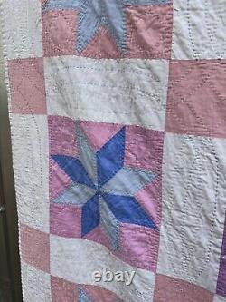 Vintage Hand Stitched Pinwheel 8 Point Star Quilt Handmade 84 x 72 Pastel 50s