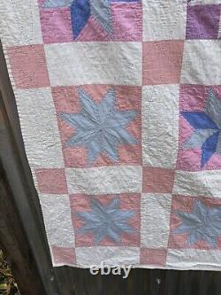 Vintage Hand Stitched Pinwheel 8 Point Star Quilt Handmade 84 x 72 Pastel 50s