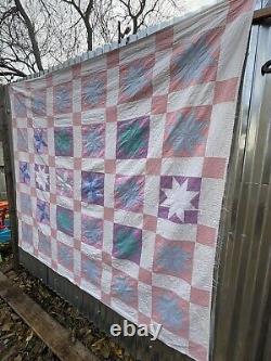 Vintage Hand Stitched Pinwheel 8 Point Star Quilt Handmade 84 x 72 Pastel 50s