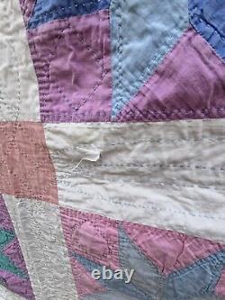 Vintage Hand Stitched Pinwheel 8 Point Star Quilt Handmade 84 x 72 Pastel 50s